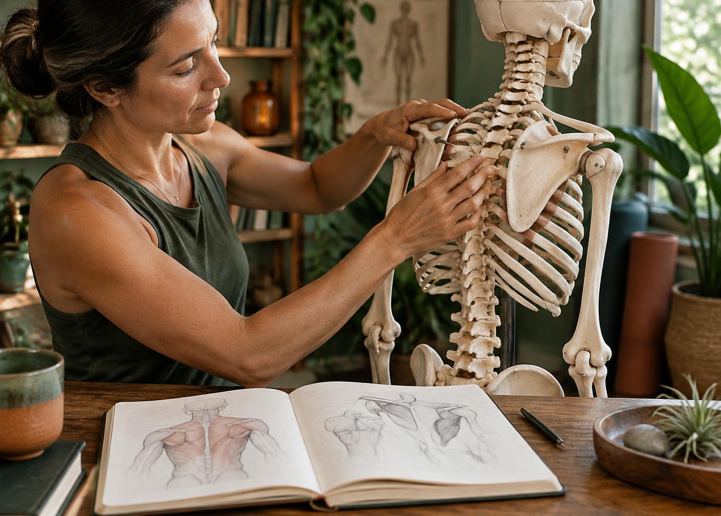 Yoga teacher studying shoulder anatomy on a skeleton